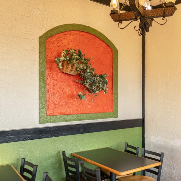 Casa del Taco interior with colorful walls, hanging plants, and dark tables with chairs.